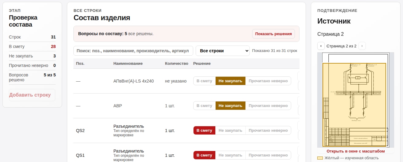 Экран ИИ-сметы: этап «Проверка состава». Слева счётчики строк, в центре таблица позиций с решением по каждой («В смету», «Не закупать», «Прочитано неверно»), справа чертёж-источник выбранной строки.
